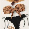 Beach Bikini 2020 Woman Sexy Front Lace Up Tie Strapless Leopard Swimsuit Female Push Up Ruffled Bow Bathing Suit Thong Swimwear