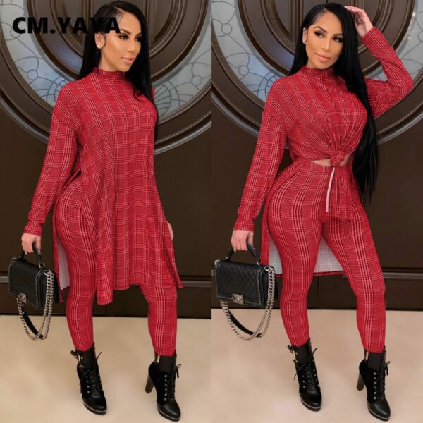 CM.YAYA Active Houndstooth Sweatsuit Women's Set Long Tops Legging Pants Suit Streetwear Tracksuit Two Piece Set Fitness Outfit