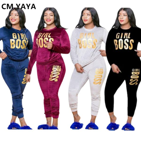CM.YAYA Plus Size XL-5XL Letter Print Velvet Women's Set Sweatshirt Top Jogger Pants Suit Tracksuit Two Piece Set Fitness Outfit